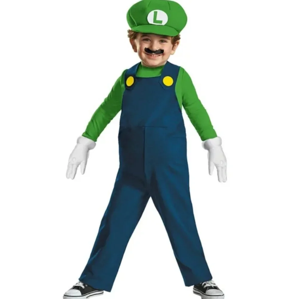 Mario Luigi Halloween Costume 2T Green Jumpsuit, Belly, Hat, Gloves Toddler Boys